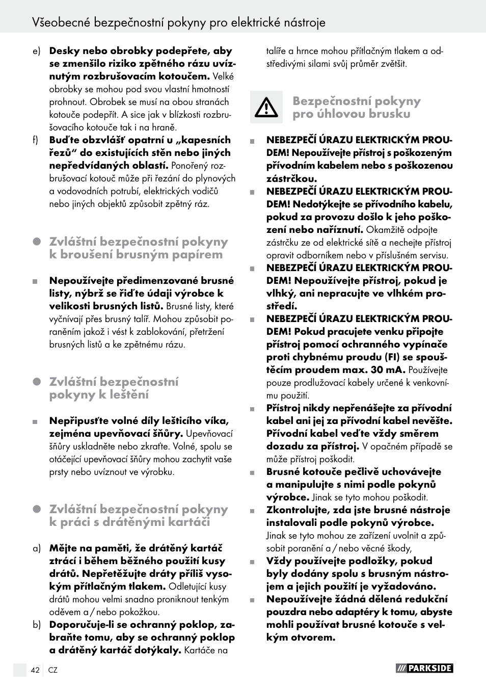Zvláštní bezpečnostní pokyny k leštění, Bezpečnostní pokyny pro úhlovou brusku | Parkside PWS 230 A1 User Manual | Page 42 / 77
