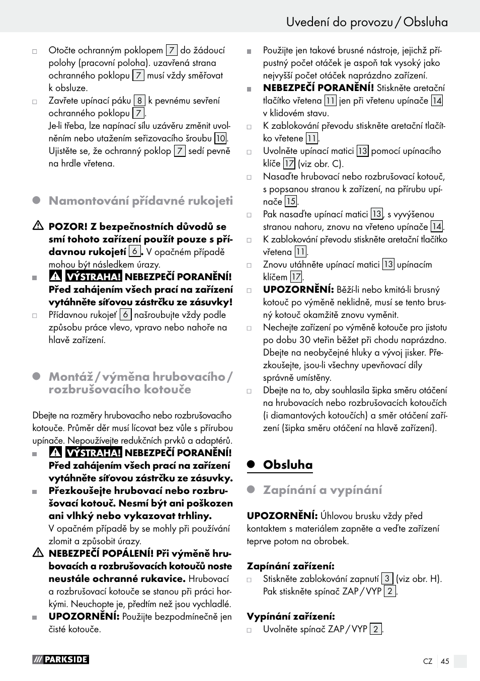 Namontování přídavné rukojeti, Obsluha, Zapínání a vypínání | Parkside PWS 230 A1 User Manual | Page 45 / 77