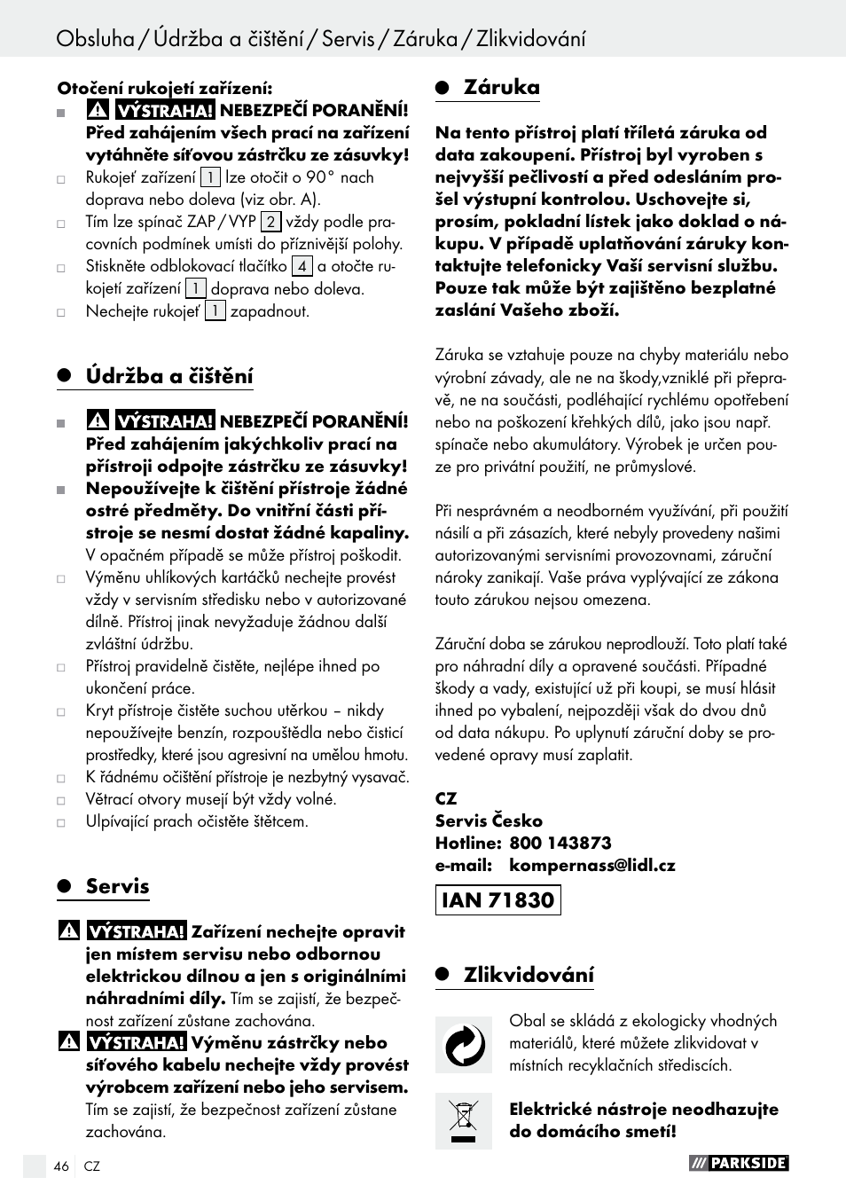 Údržba a čištění, Servis, Záruka | Zlikvidování | Parkside PWS 230 A1 User Manual | Page 46 / 77