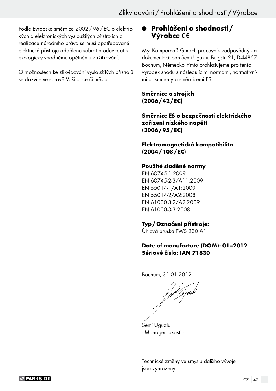 Prohlášení o shodnosti / výrobce | Parkside PWS 230 A1 User Manual | Page 47 / 77