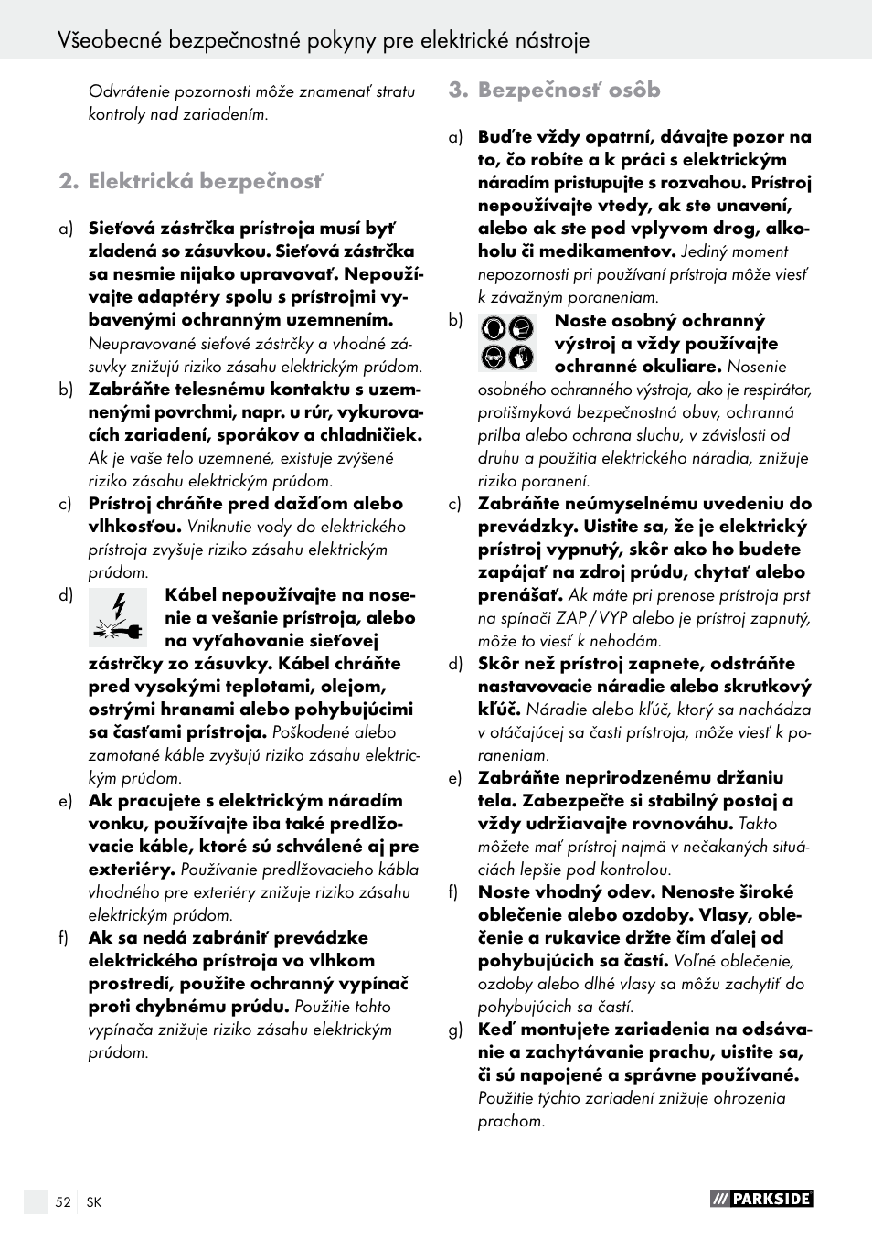 Elektrická bezpečnosť, Bezpečnosť osôb | Parkside PWS 230 A1 User Manual | Page 52 / 77