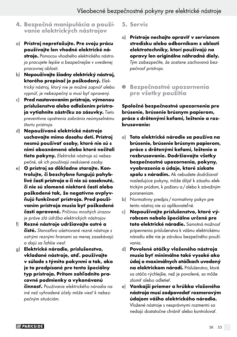 Servis, Bezpečnostné upozornenia pre všetky použitia | Parkside PWS 230 A1 User Manual | Page 53 / 77