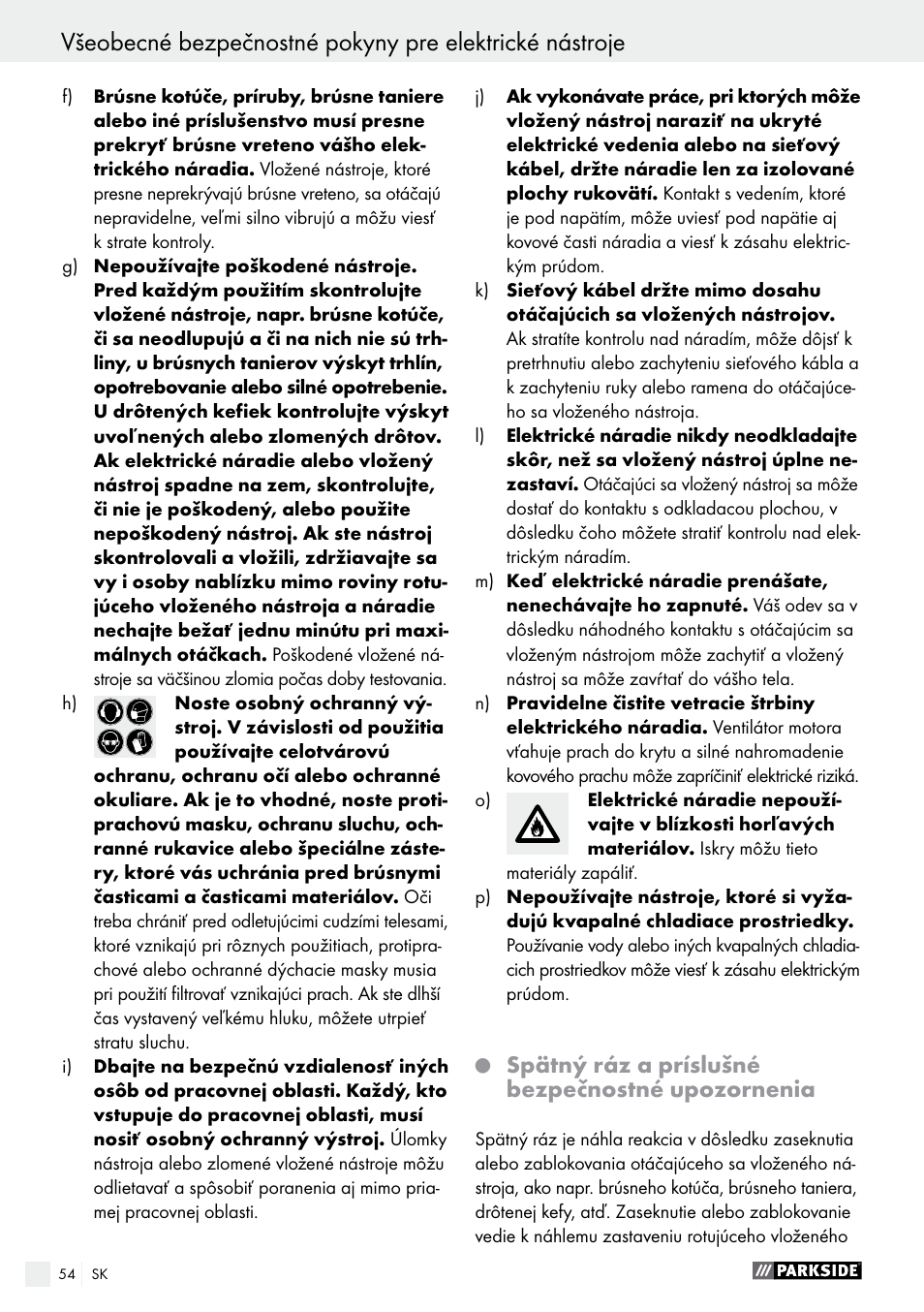 Spätný ráz a príslušné bezpečnostné upozornenia | Parkside PWS 230 A1 User Manual | Page 54 / 77