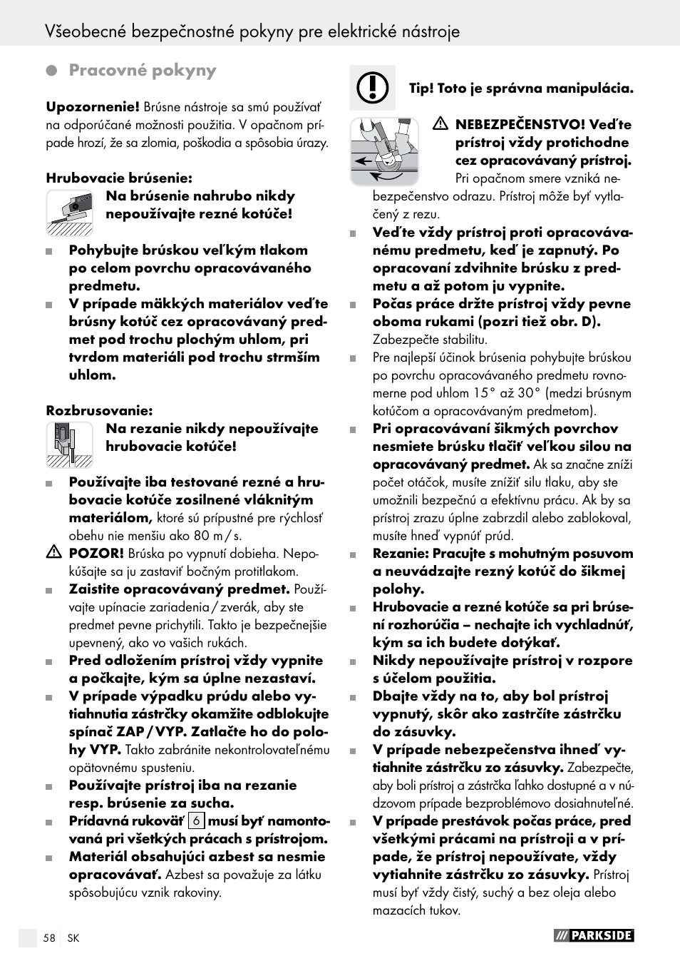 Pracovné pokyny | Parkside PWS 230 A1 User Manual | Page 58 / 77