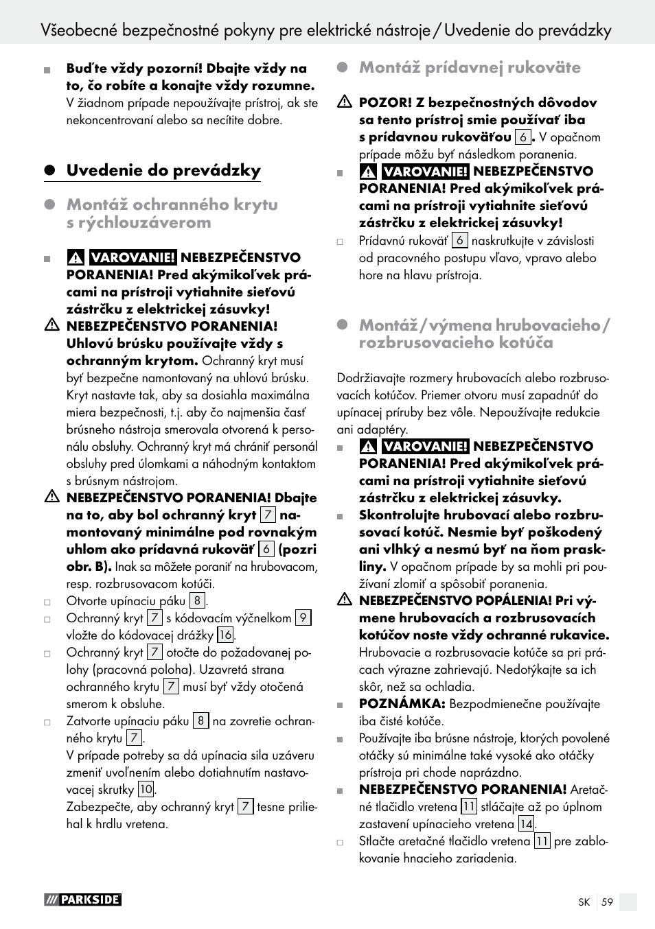 Uvedenie do prevádzky, Montáž ochranného krytu s rýchlouzáverom, Montáž prídavnej rukoväte | Parkside PWS 230 A1 User Manual | Page 59 / 77