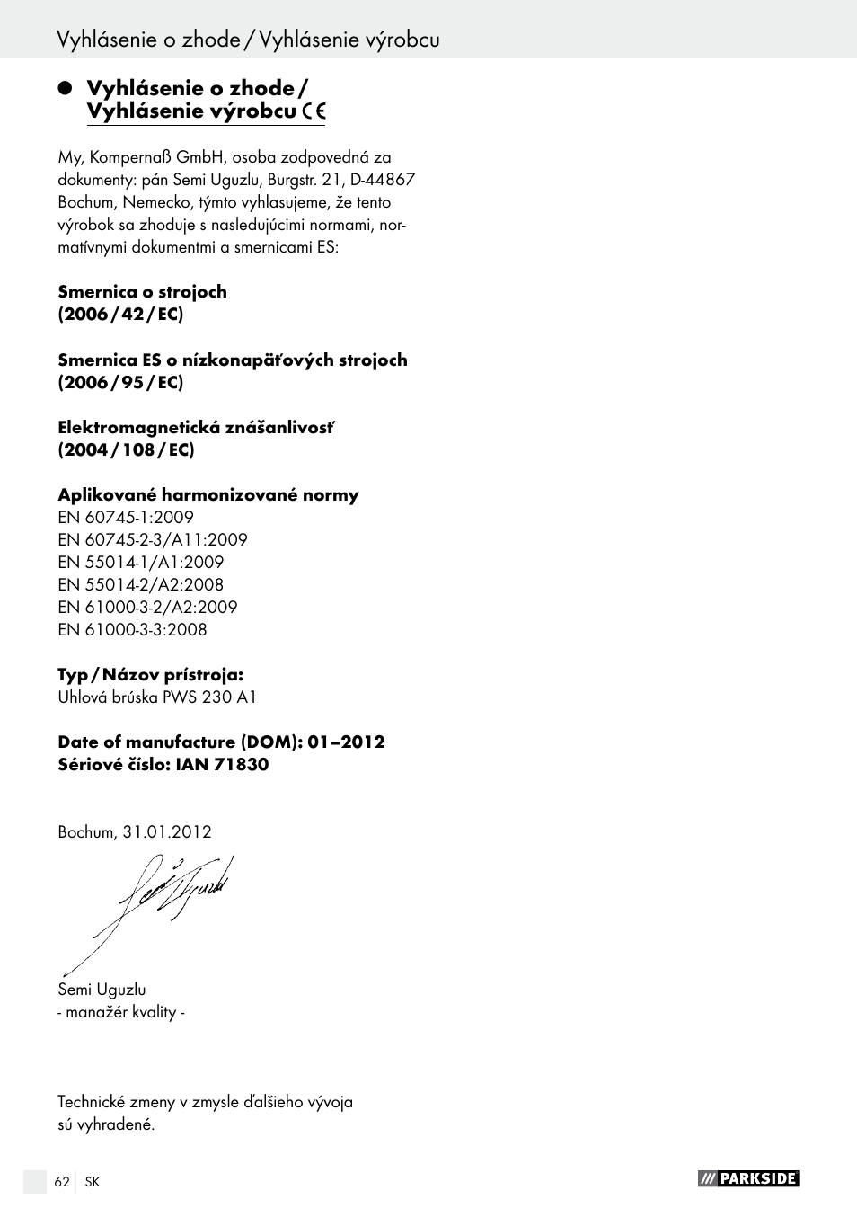 Parkside PWS 230 A1 User Manual | Page 62 / 77