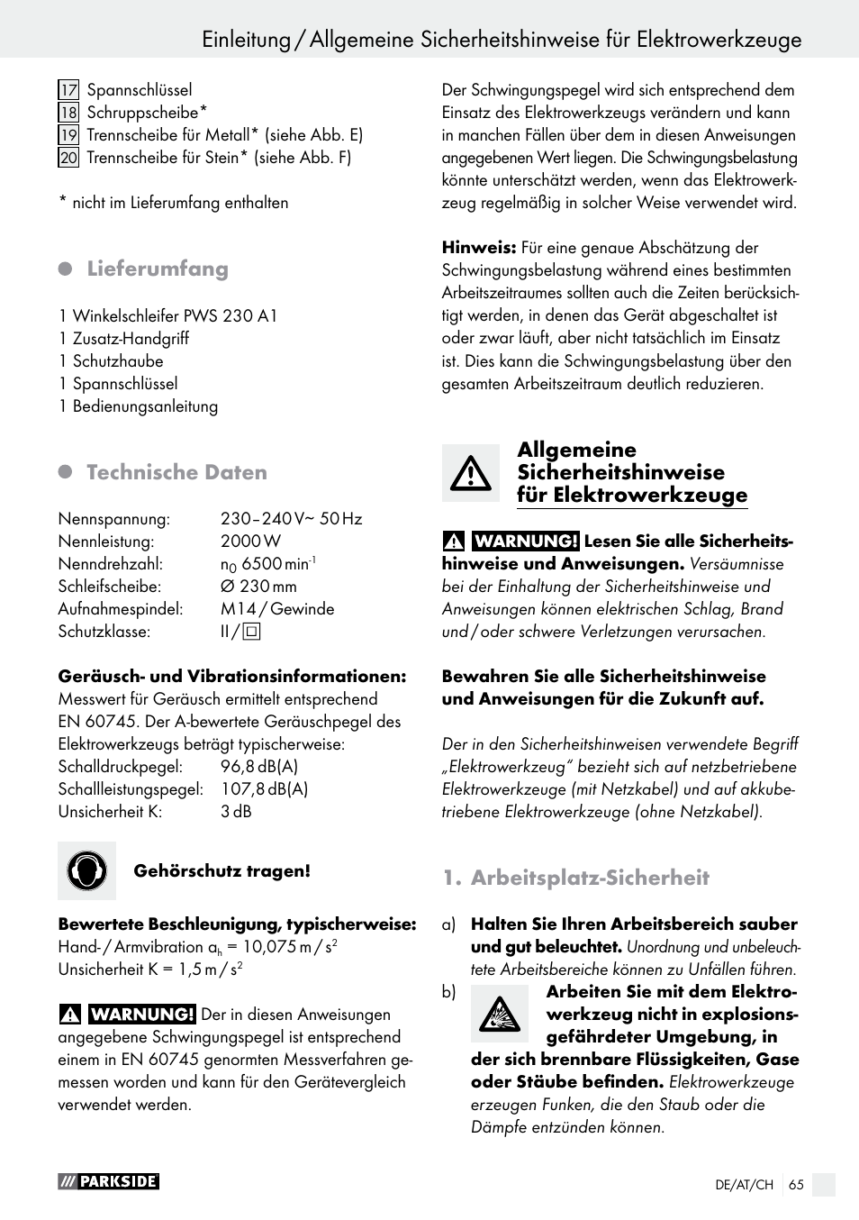 Einleitung, Lieferumfang, Technische daten | Arbeitsplatz-sicherheit | Parkside PWS 230 A1 User Manual | Page 65 / 77
