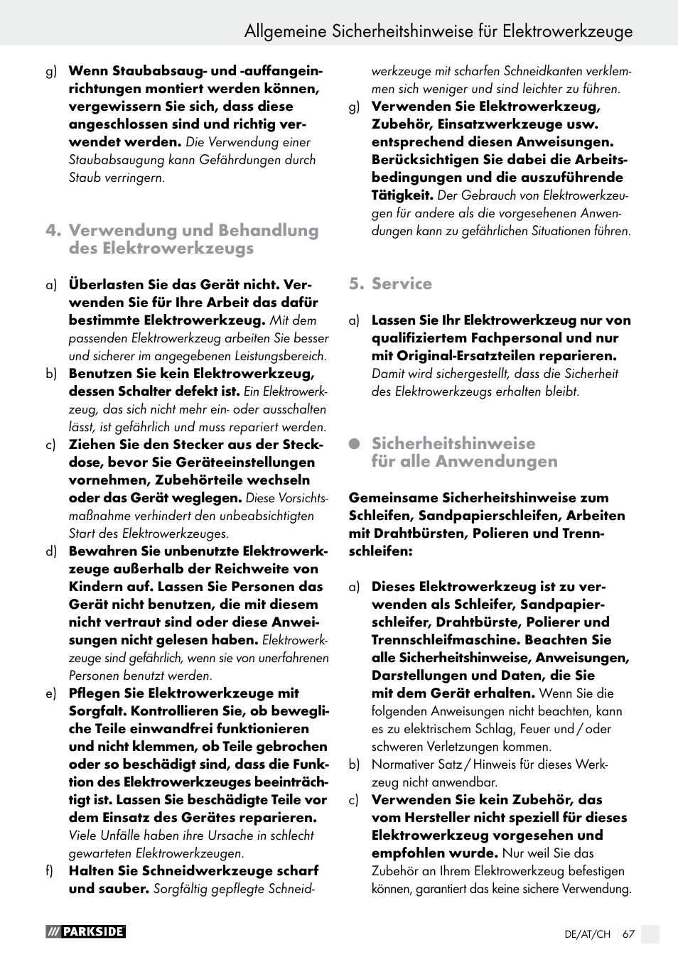 Parkside PWS 230 A1 User Manual | Page 67 / 77