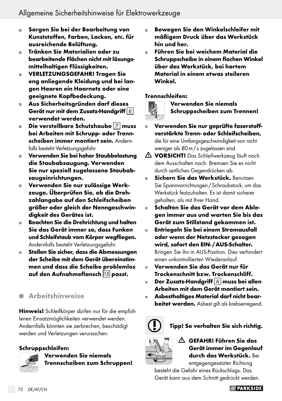 Arbeitshinweise | Parkside PWS 230 A1 User Manual | Page 72 / 77