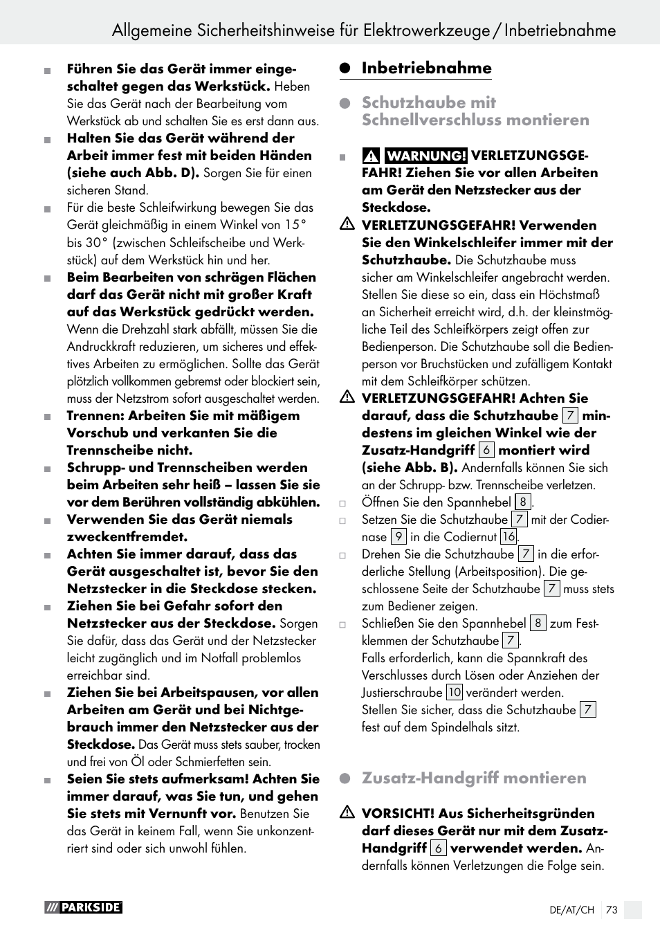 Inbetriebnahme, Schutzhaube mit schnellverschluss montieren, Zusatz-handgriff montieren | Parkside PWS 230 A1 User Manual | Page 73 / 77