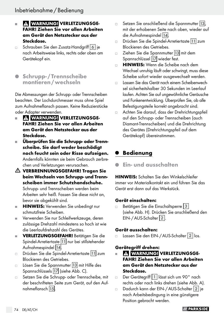 Schrupp- / trennscheibe montieren / wechseln, Bedienung, Ein- und ausschalten | Parkside PWS 230 A1 User Manual | Page 74 / 77