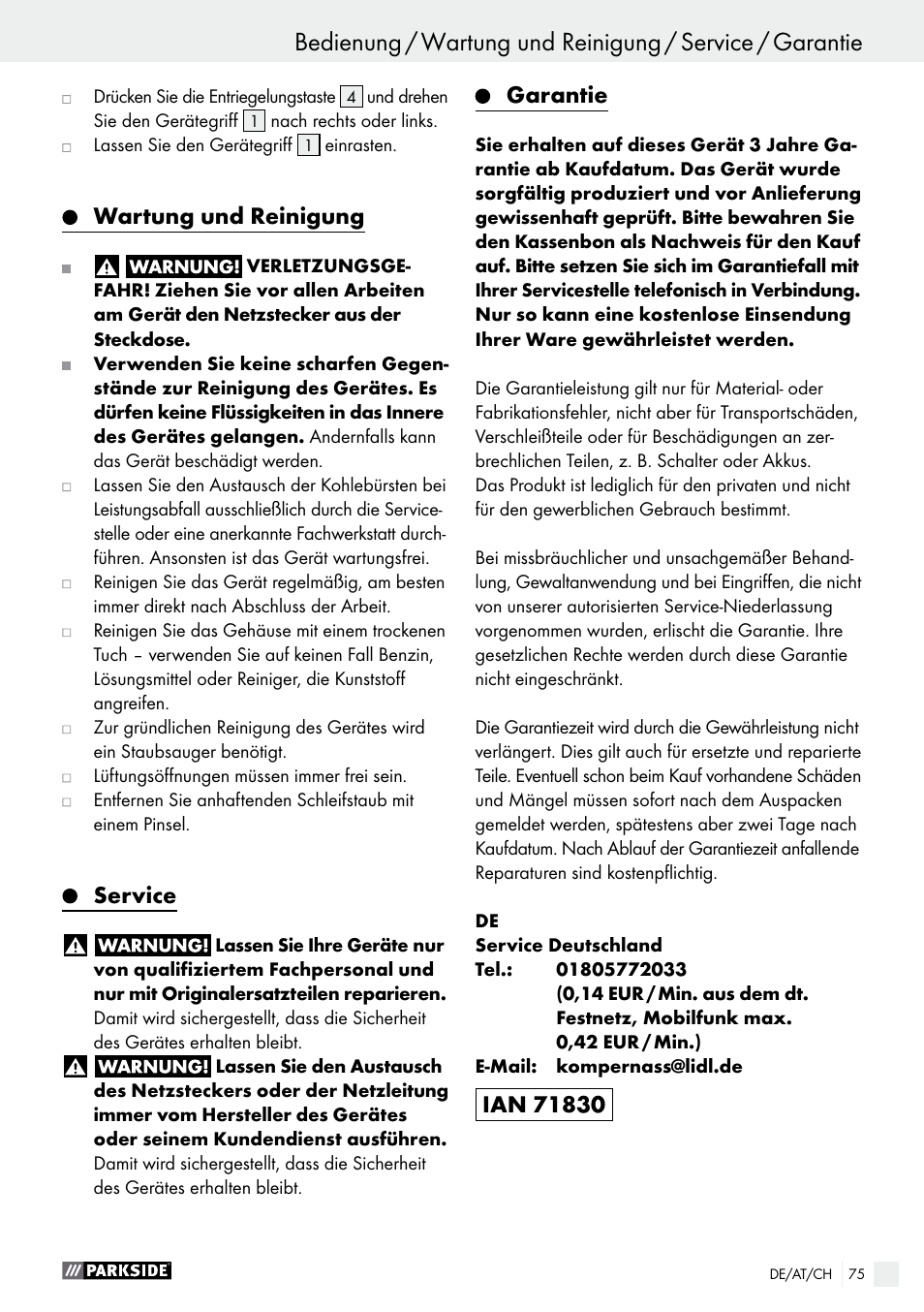 Wartung und reinigung, Service, Garantie | Parkside PWS 230 A1 User Manual | Page 75 / 77