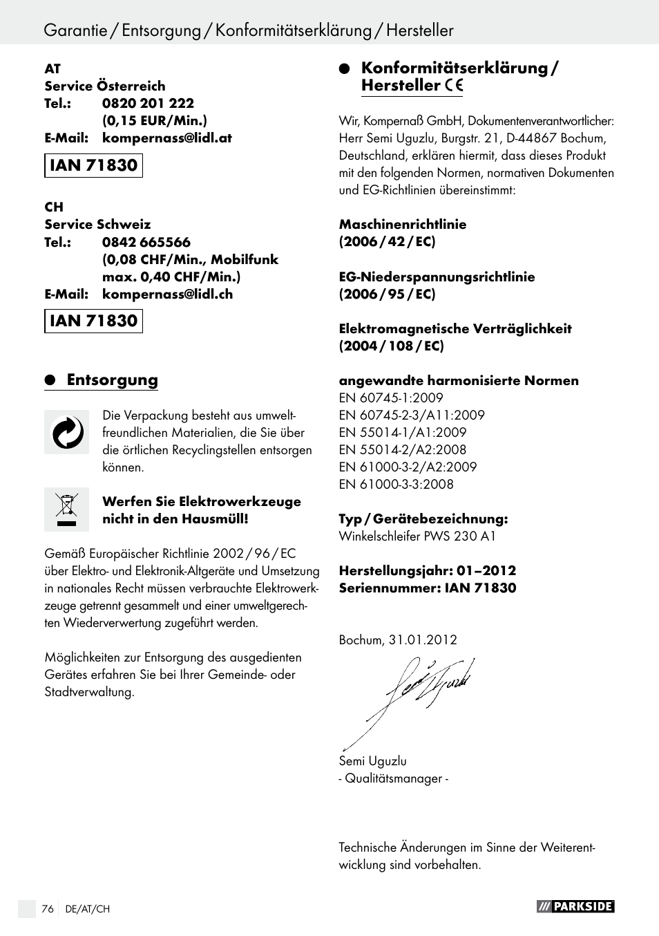Entsorgung, Konformitätserklärung / hersteller | Parkside PWS 230 A1 User Manual | Page 76 / 77