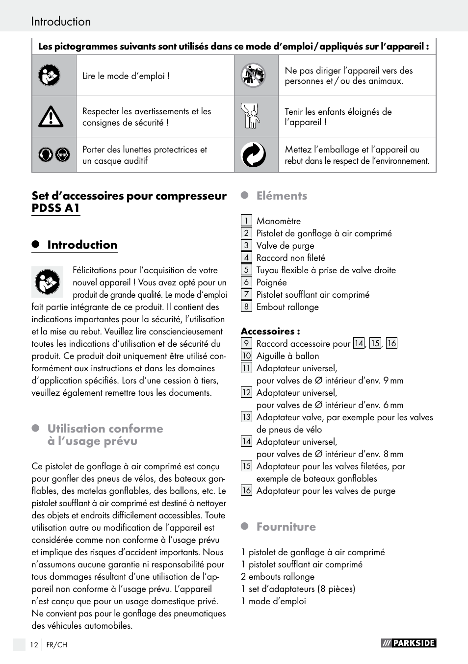 Set d’accessoires pour compresseur pdss a1, Introduction, Utilisation conforme à l’usage prévu | Eléments, Fourniture | Parkside PDSS A1 User Manual | Page 12 / 35
