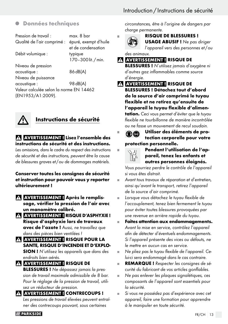 Données techniques, Instructions de sécurité | Parkside PDSS A1 User Manual | Page 13 / 35