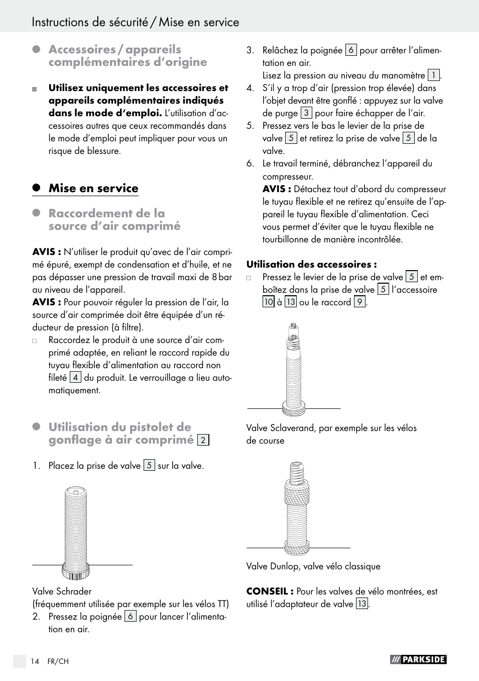 Accessoires / appareils complémentaires d’origine, Mise en service, Raccordement de la source d’air comprimé | Utilisation du pistolet de gonflage à air comprimé | Parkside PDSS A1 User Manual | Page 14 / 35