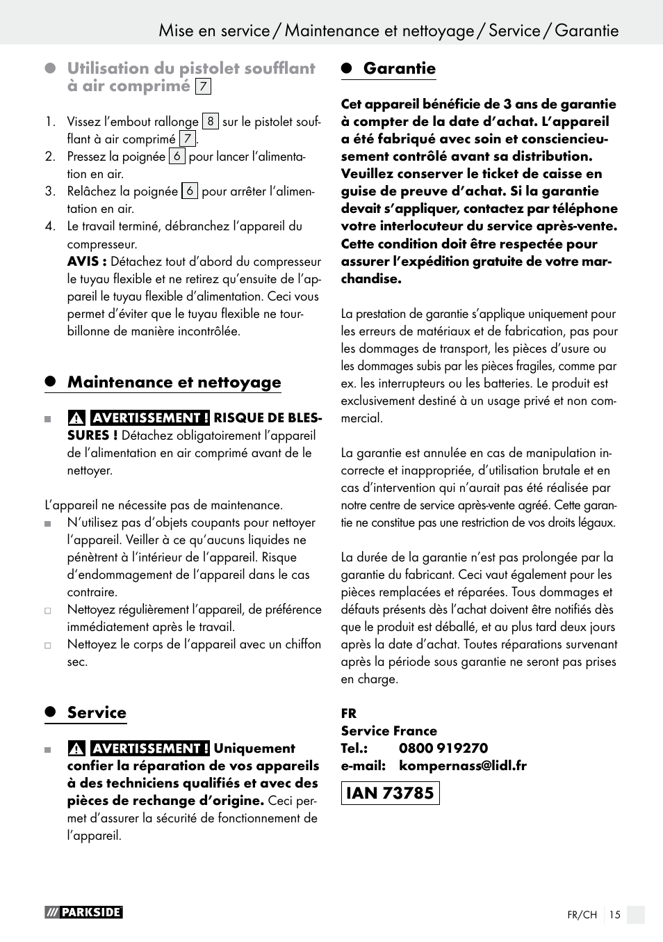 Utilisation du pistolet soufflant à air comprimé, Maintenance et nettoyage, Service | Garantie | Parkside PDSS A1 User Manual | Page 15 / 35