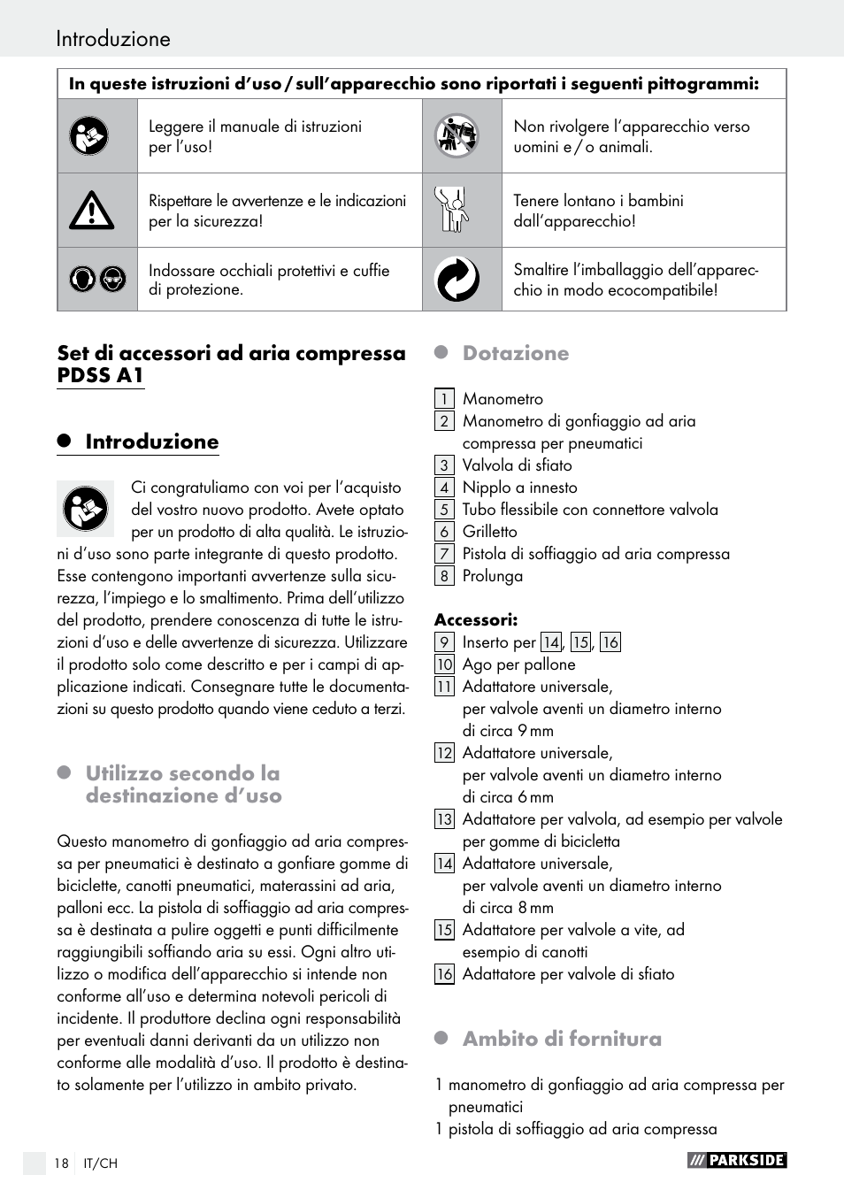 Set di accessori ad aria compressa pdss a1, Introduzione, Utilizzo secondo la destinazione d’uso | Dotazione, Ambito di fornitura | Parkside PDSS A1 User Manual | Page 18 / 35