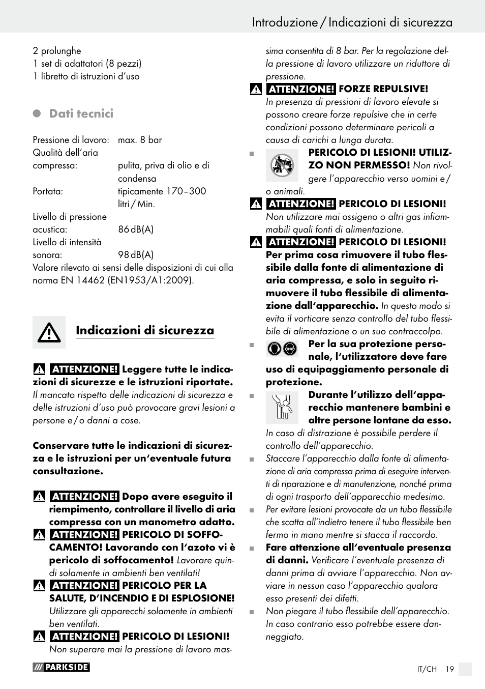 Dati tecnici, Indicazioni di sicurezza | Parkside PDSS A1 User Manual | Page 19 / 35