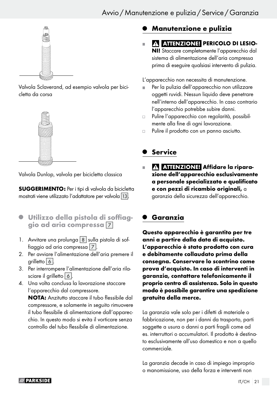 Manutenzione e pulizia, Service, Garanzia | Parkside PDSS A1 User Manual | Page 21 / 35