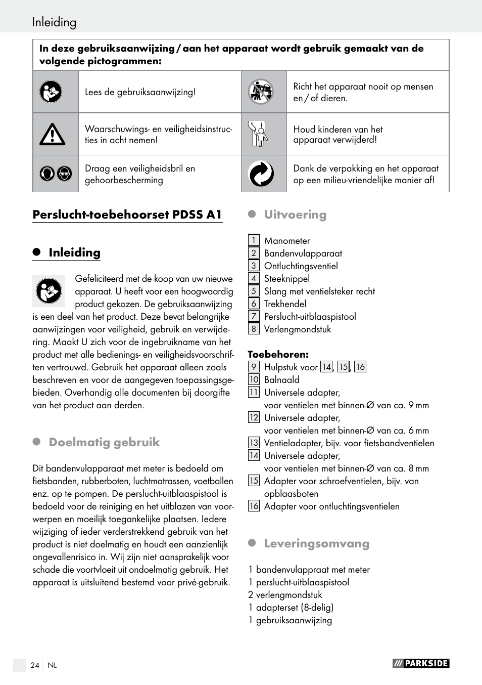 Inleiding / veiligheidsinstructies, Perslucht-toebehoorset pdss a1, Inleiding | Doelmatig gebruik, Uitvoering, Leveringsomvang | Parkside PDSS A1 User Manual | Page 24 / 35