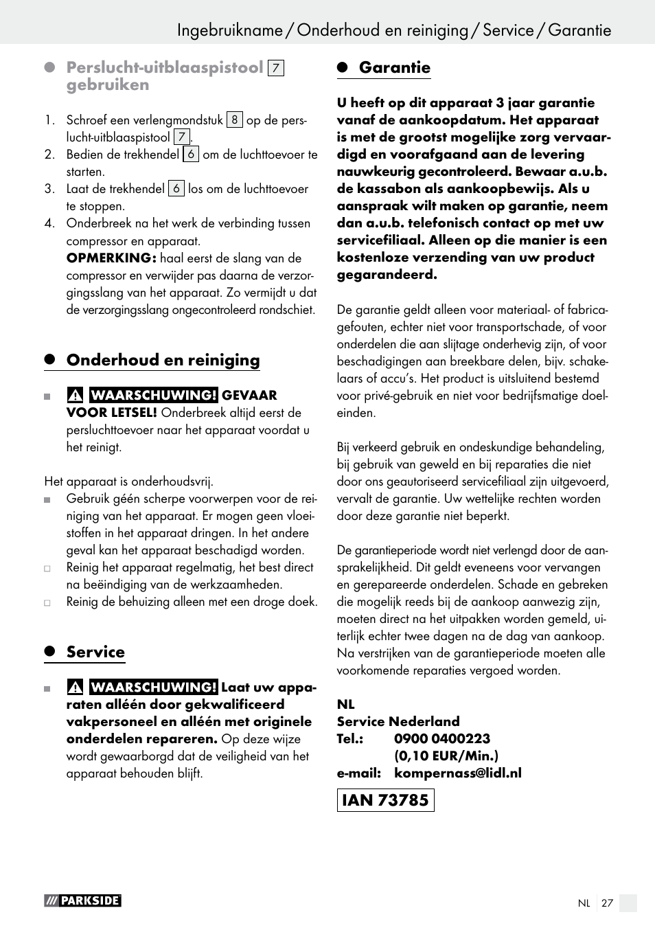Veiligheidsinstructies / ingebruikname, Perslucht-uitblaaspistool, Gebruiken | Onderhoud en reiniging, Service, Garantie | Parkside PDSS A1 User Manual | Page 27 / 35