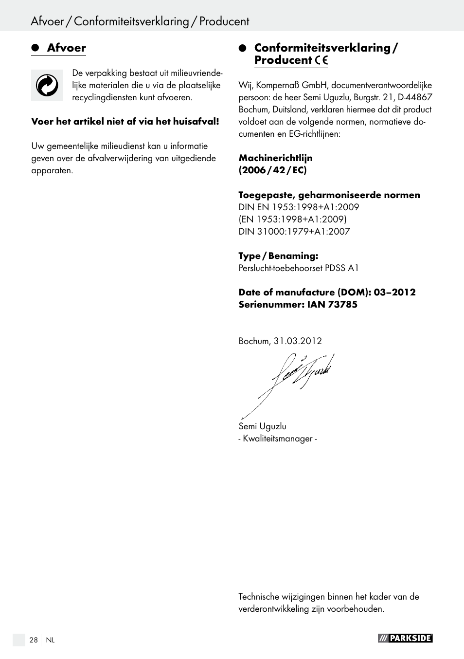 Afvoer, Conformiteitsverklaring / producent | Parkside PDSS A1 User Manual | Page 28 / 35