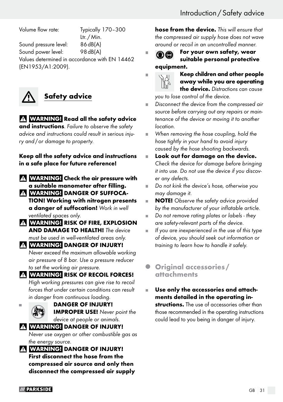 Introduction / safety advice, Introduction, Safety advice | Original accessories / attachments | Parkside PDSS A1 User Manual | Page 31 / 35