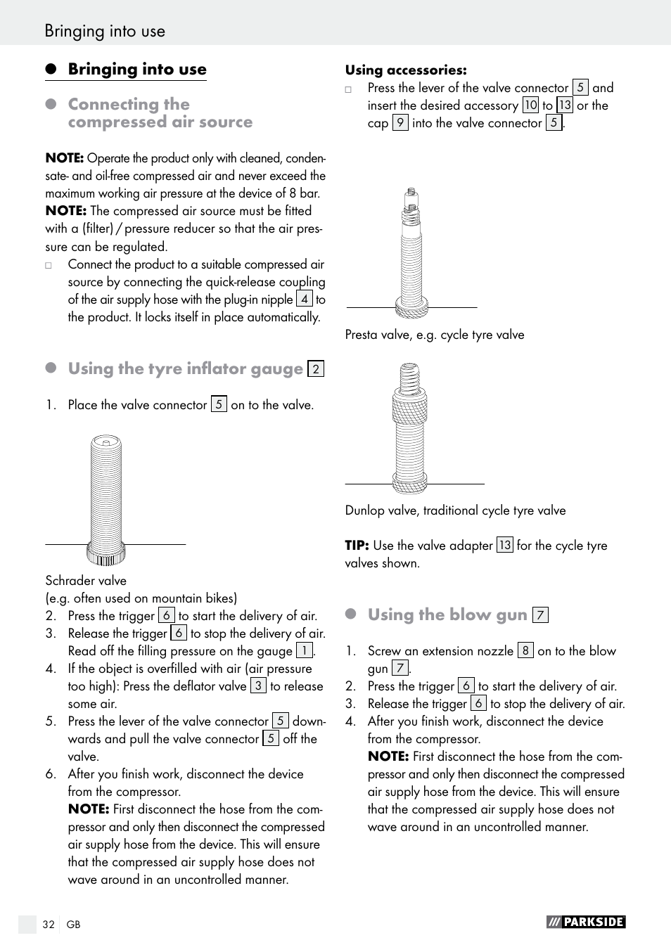 Bringing into use, Connecting the compressed air source, Using the tyre inflator gauge | Using the blow gun | Parkside PDSS A1 User Manual | Page 32 / 35