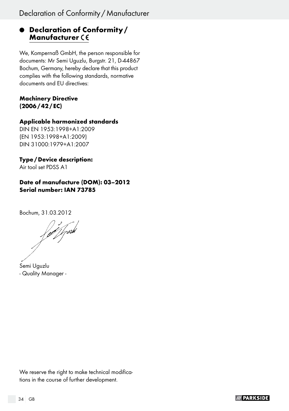 Declaration of conformity / manufacturer | Parkside PDSS A1 User Manual | Page 34 / 35