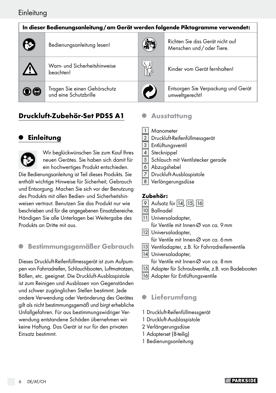 Einleitung / sicherheitshinweise einleitung, Druckluft-zubehör-set pdss a1 einleitung, Bestimmungsgemäßer gebrauch | Ausstattung, Lieferumfang | Parkside PDSS A1 User Manual | Page 6 / 35