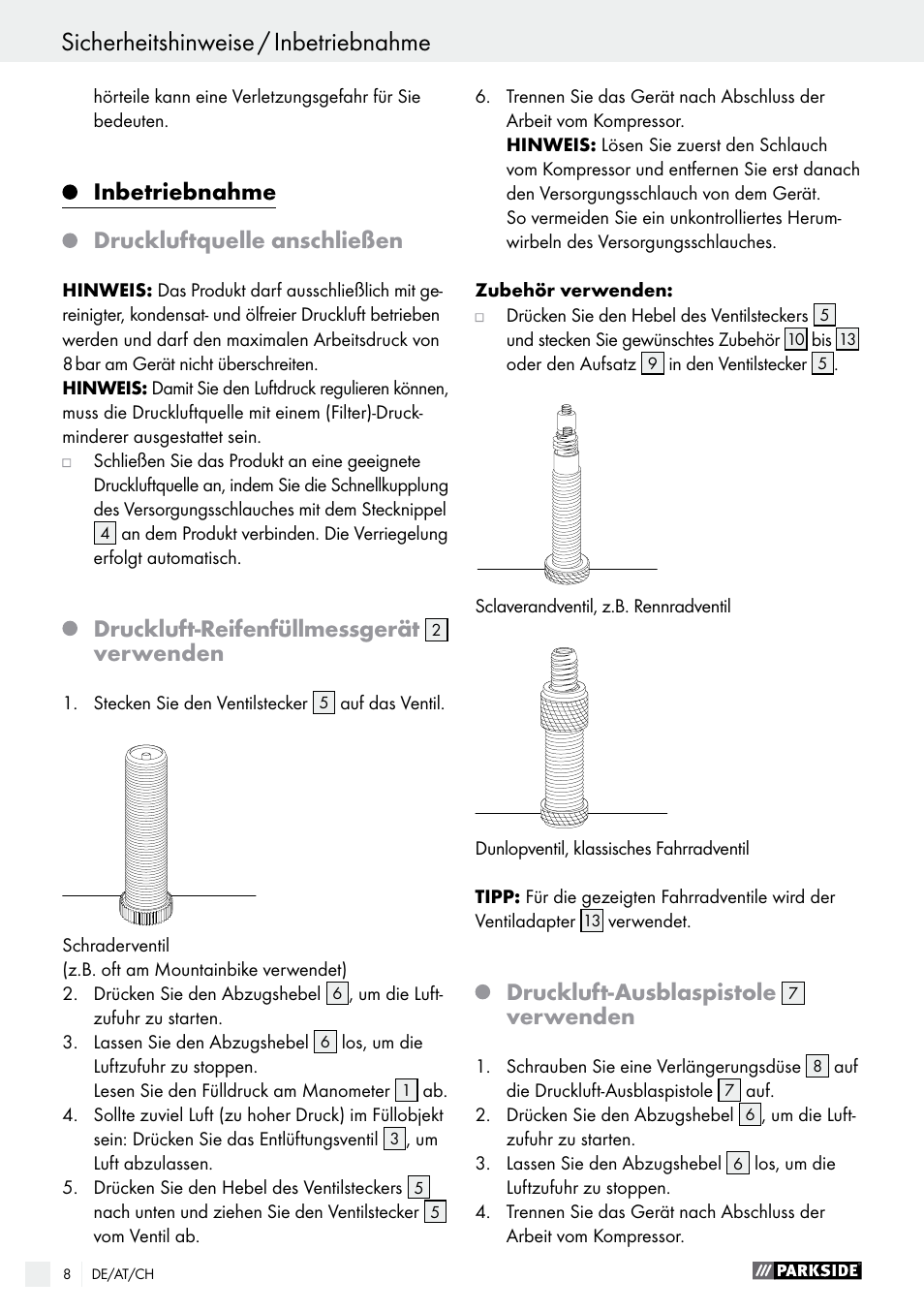 Sicherheitshinweise / inbetriebnahme, Inbetriebnahme, Druckluftquelle anschließen | Druckluft-reifenfüllmessgerät, Verwenden, Druckluft-ausblaspistole | Parkside PDSS A1 User Manual | Page 8 / 35