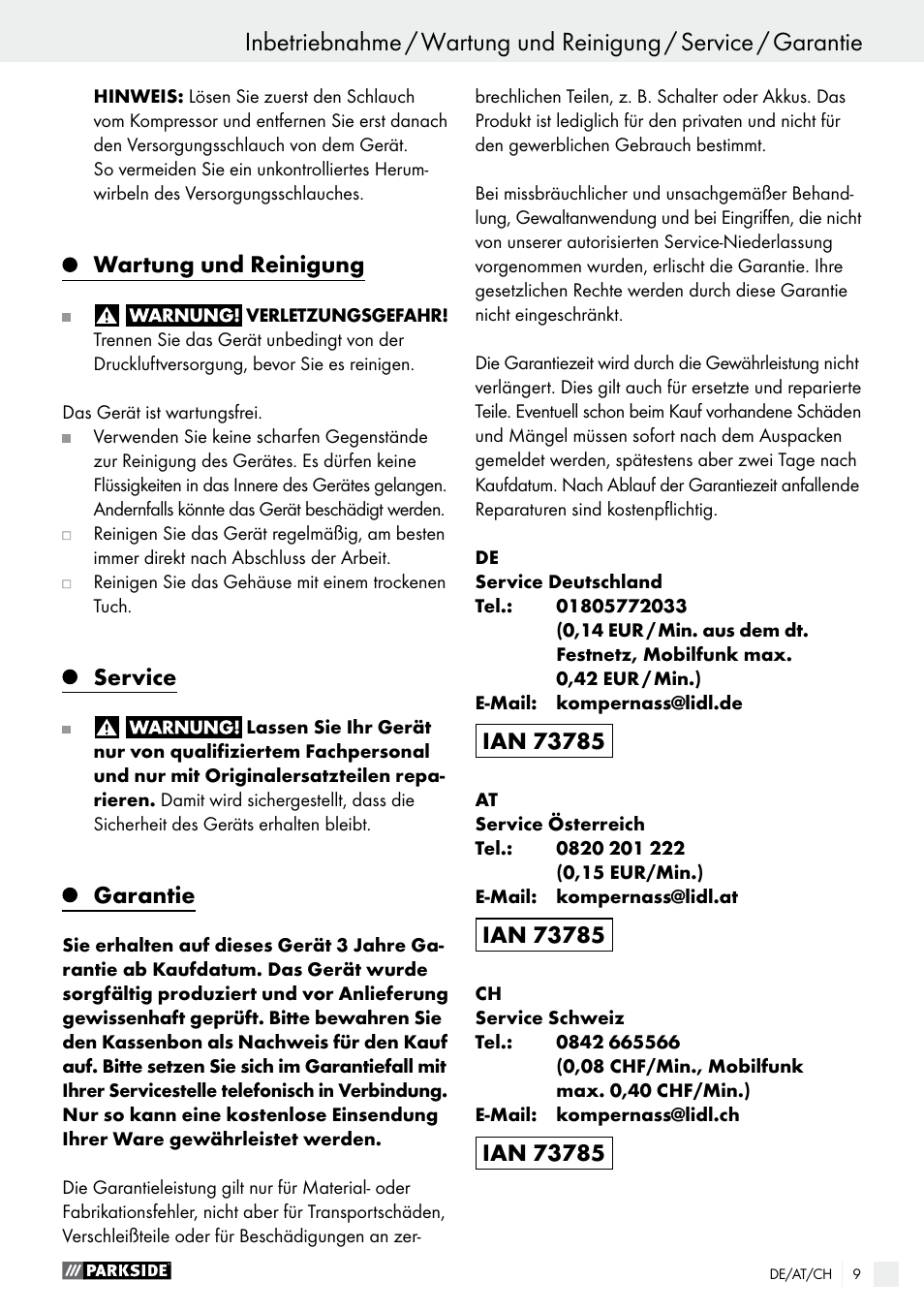 Wartung und reinigung, Service, Garantie | Parkside PDSS A1 User Manual | Page 9 / 35