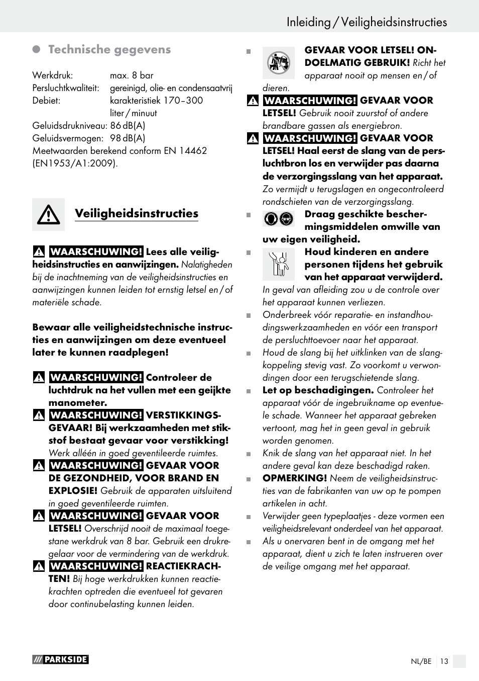 Inleiding / veiligheidsinstructies, Inleiding, Technische gegevens | Veiligheidsinstructies | Parkside PDSS A1 User Manual | Page 13 / 29