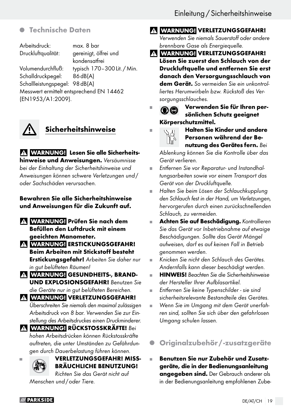 Einleitung / sicherheitshinweise einleitung, Technische daten, Sicherheitshinweise | Originalzubehör / -zusatzgeräte | Parkside PDSS A1 User Manual | Page 19 / 29