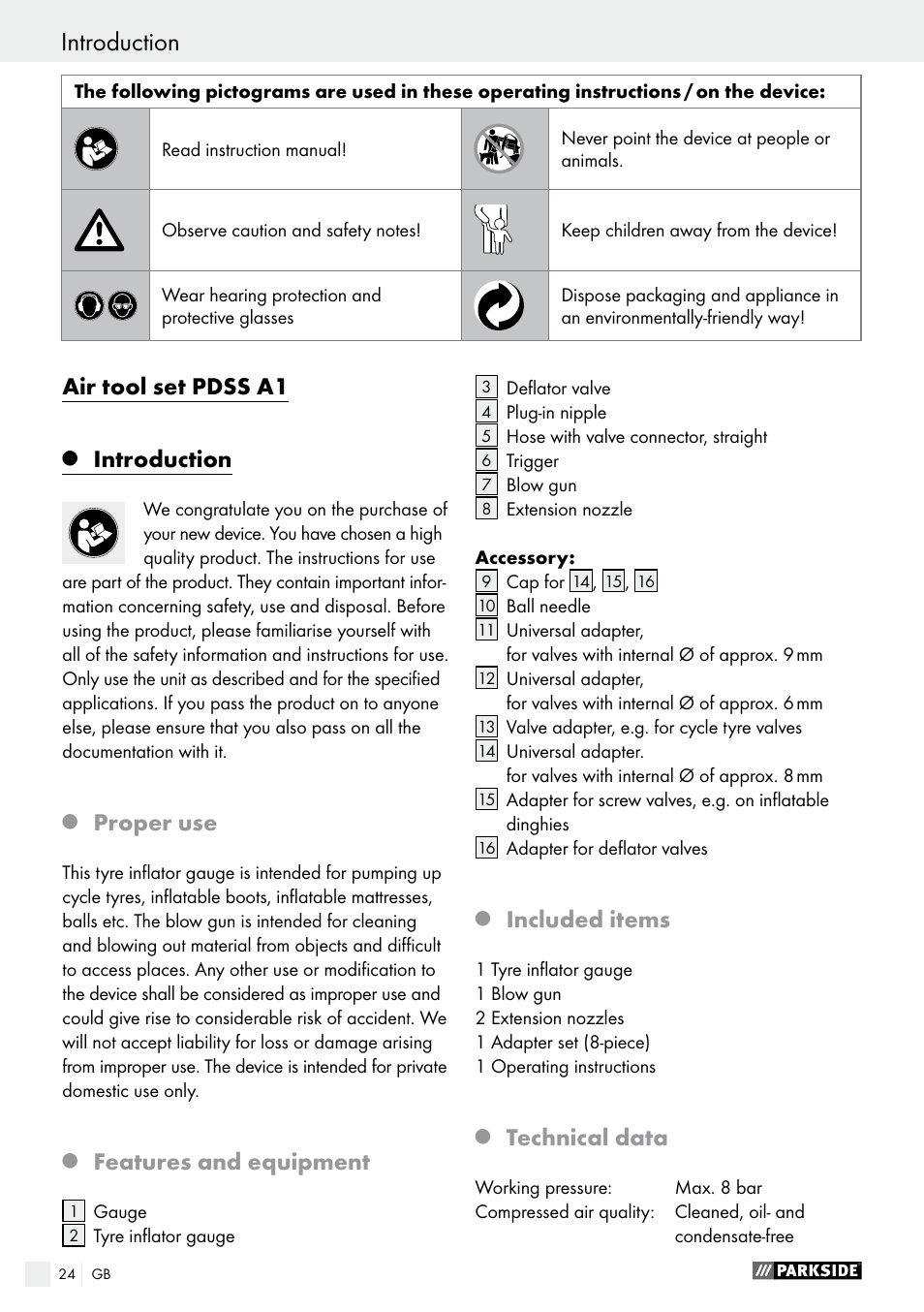 Introduction / safety advice introduction, Air tool set pdss a1, Introduction | Proper use, Features and equipment, Included items, Technical data | Parkside PDSS A1 User Manual | Page 24 / 29