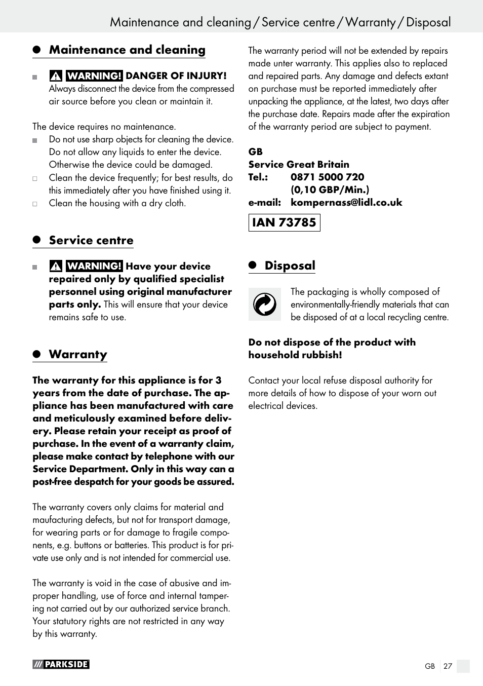 Maintenance and cleaning, Service centre, Warranty | Disposal | Parkside PDSS A1 User Manual | Page 27 / 29