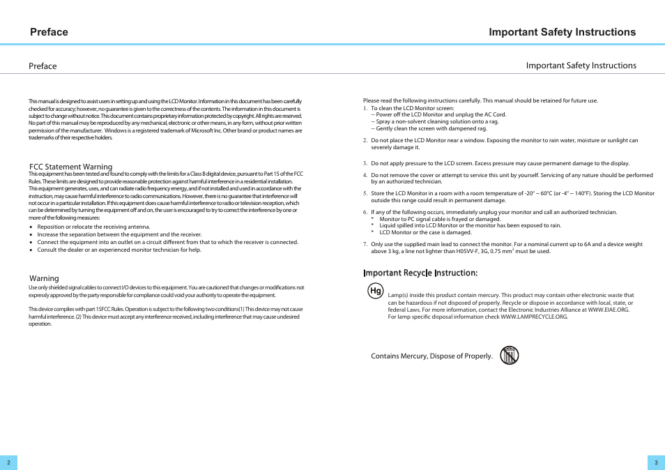 Preface important safety instructions, Important safety instructions preface, Important recycle instruction | DoubleSight Displays DoubleSight DS-263N User Manual | Page 3 / 11