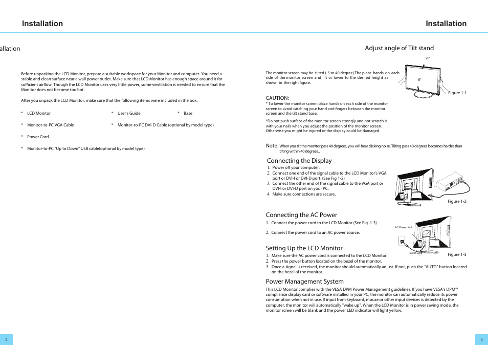 Installation, Adjust angle of tilt stand installation, Connecting the display | Connecting the ac power, Setting up the lcd monitor, Power management system | DoubleSight Displays DoubleSight DS-263N User Manual | Page 4 / 11