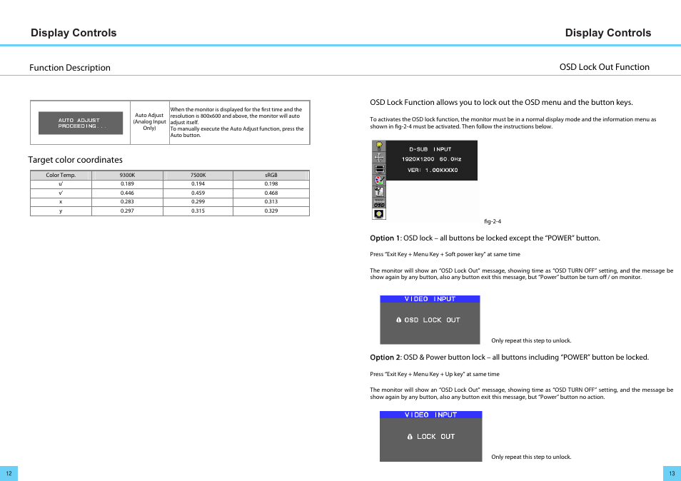 Display controls, Osd lock out function function description, Target color coordinates | DoubleSight Displays DoubleSight DS-263N User Manual | Page 8 / 11