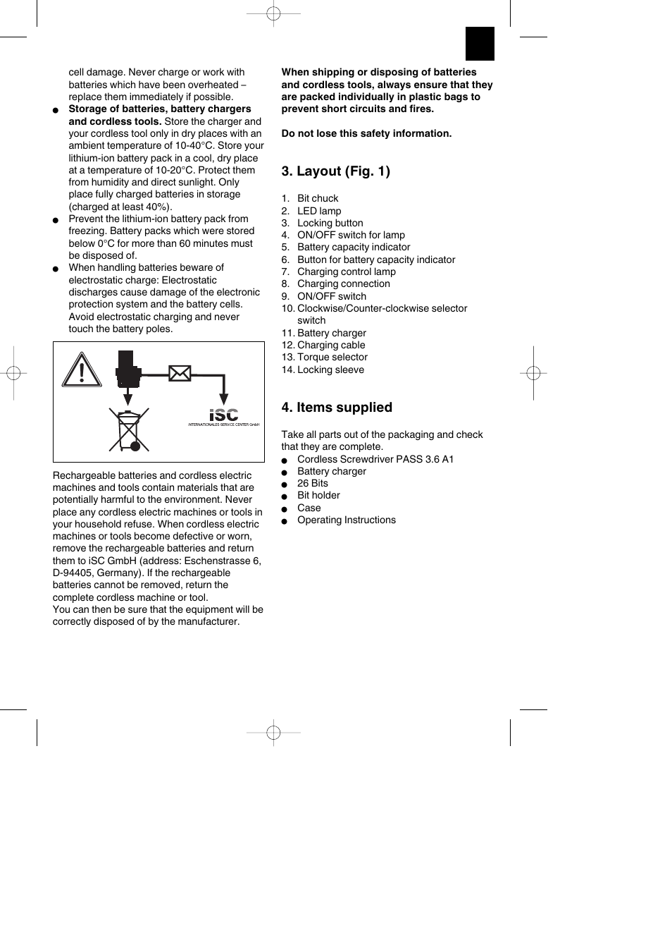 Layout (fig. 1), Items supplied | Parkside PASS 3.6 A1 User Manual | Page 53 / 76