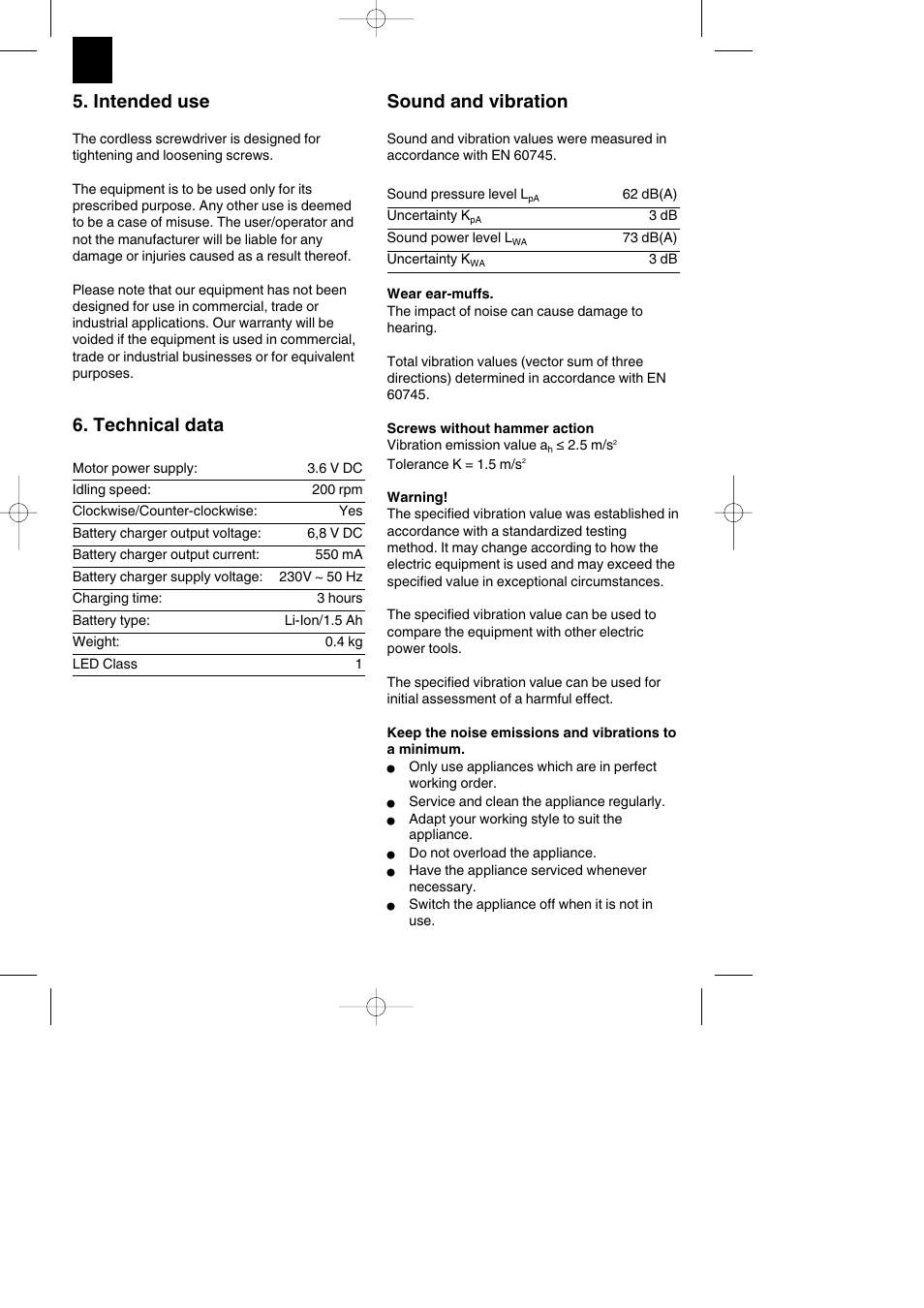 Intended use, Technical data, Sound and vibration | Parkside PASS 3.6 A1 User Manual | Page 54 / 76