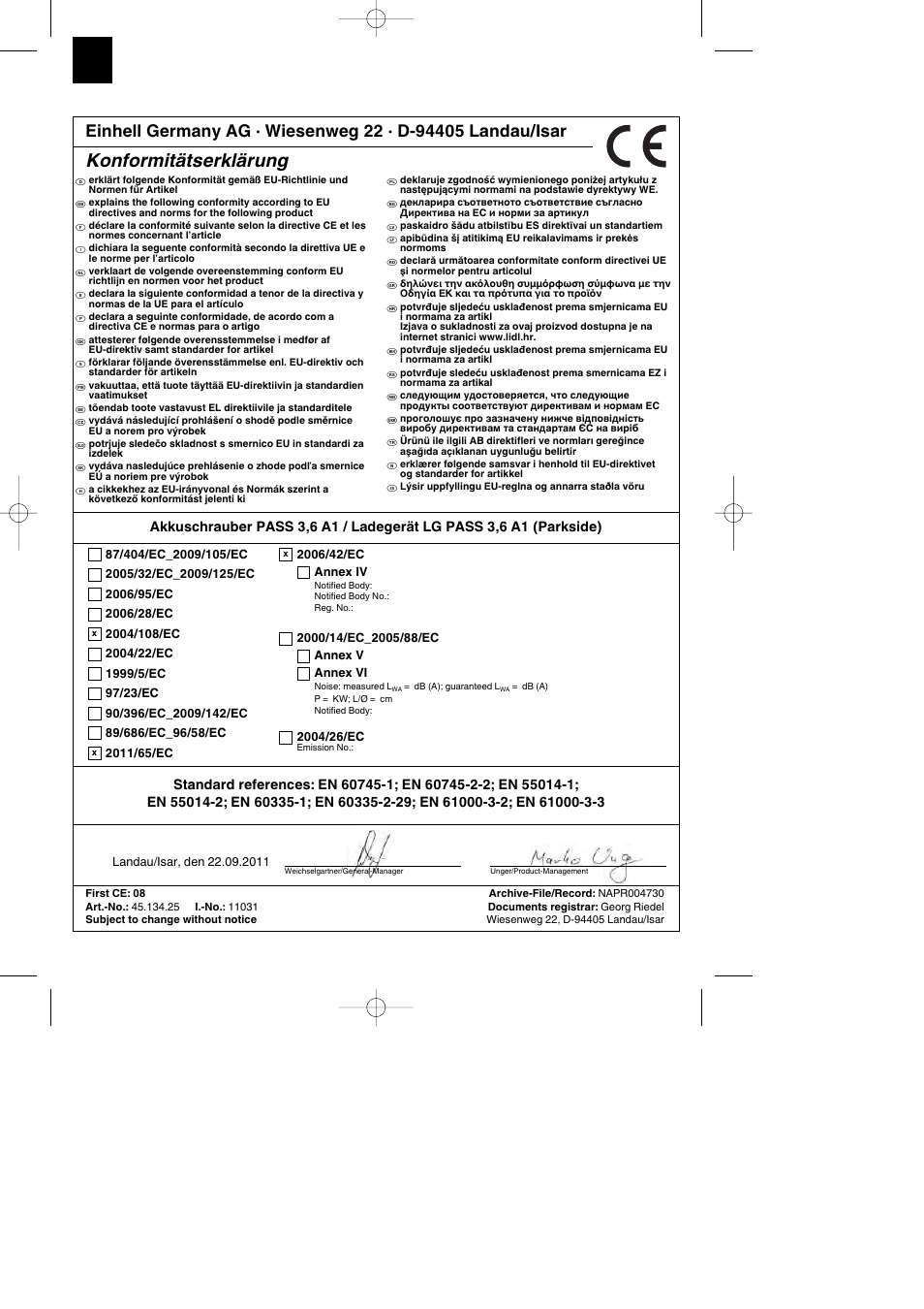 Konformitätserklärung | Parkside PASS 3.6 A1 User Manual | Page 72 / 76