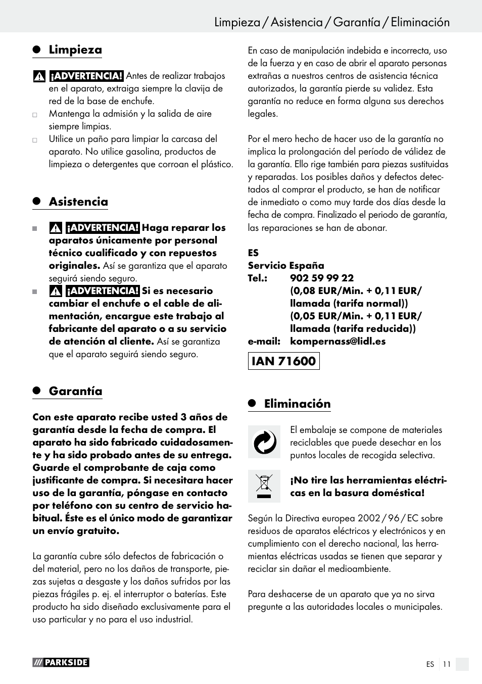 Limpieza, Asistencia, Garantía | Eliminación | Parkside PHLG 2000 B1 User Manual | Page 11 / 37