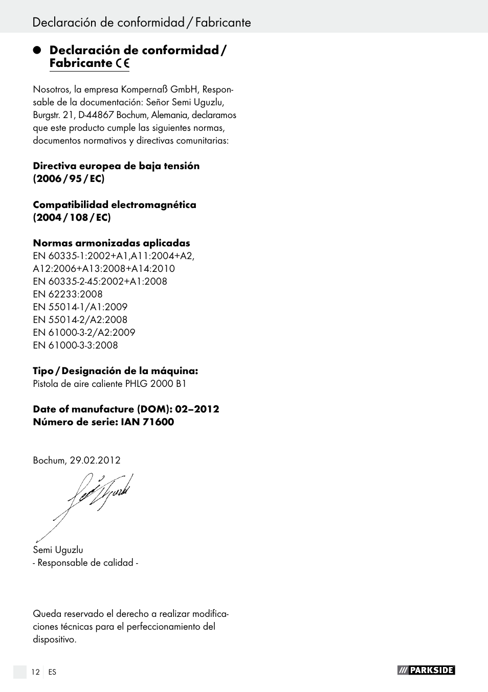 Declaración de conformidad / fabricante, Índice | Parkside PHLG 2000 B1 User Manual | Page 12 / 37