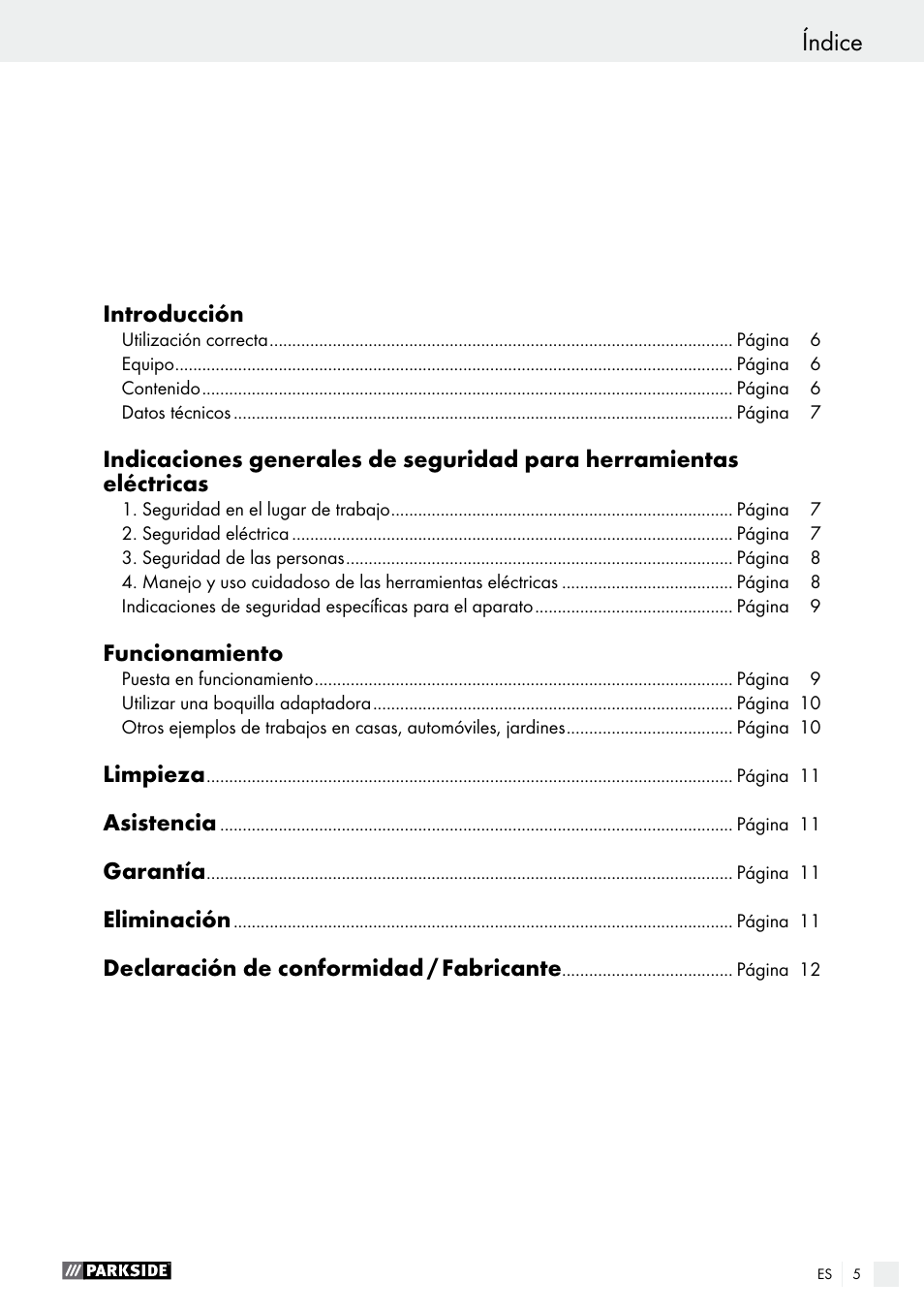 Índice | Parkside PHLG 2000 B1 User Manual | Page 5 / 37
