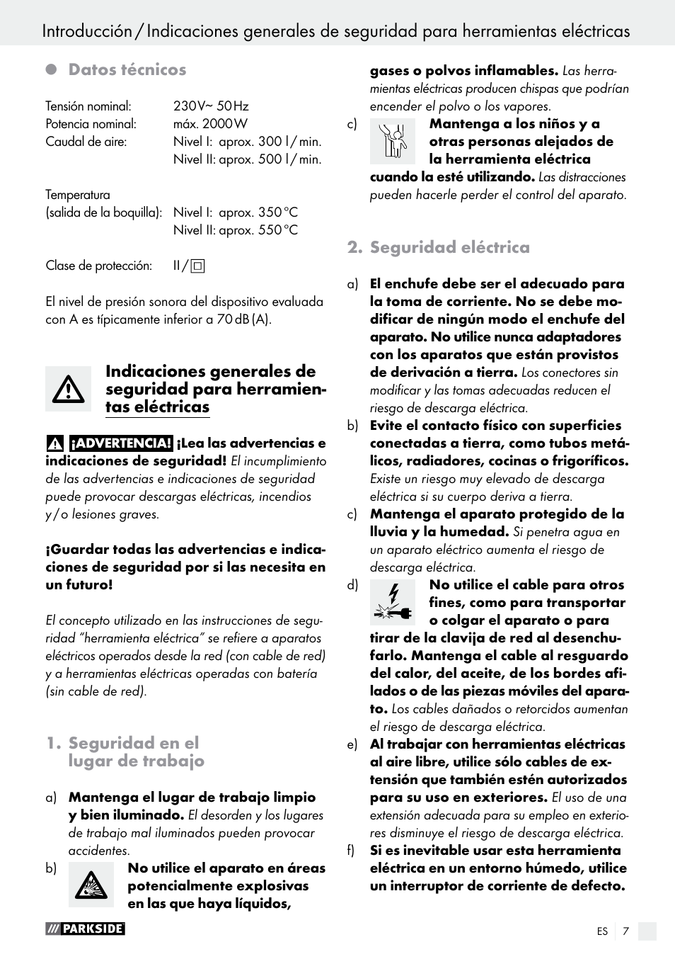 Datos técnicos, Seguridad en el lugar de trabajo, Seguridad eléctrica | Parkside PHLG 2000 B1 User Manual | Page 7 / 37