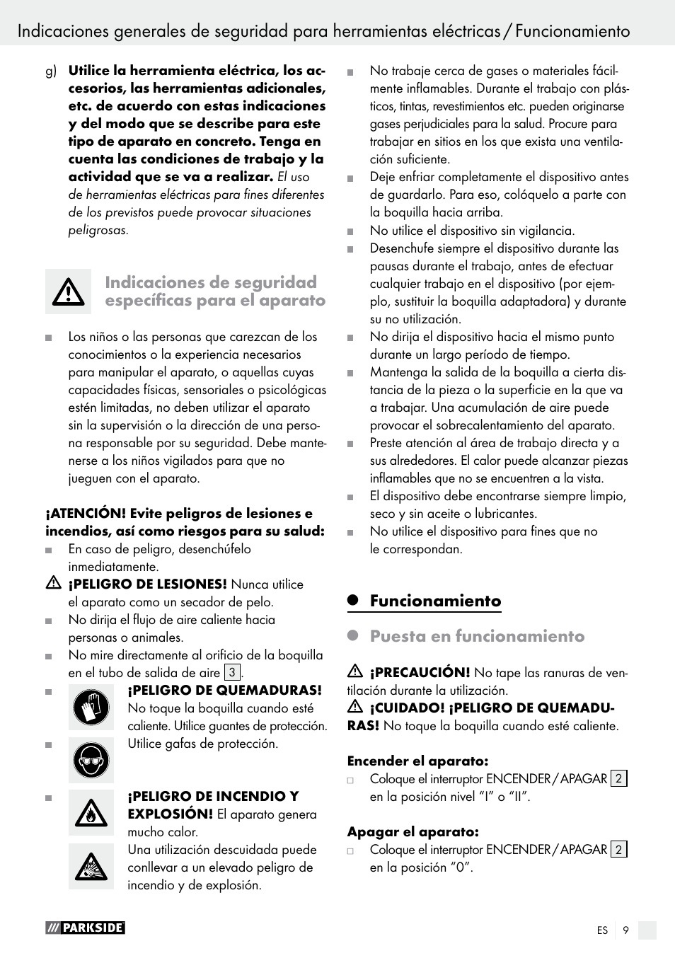 Funcionamiento, Puesta en funcionamiento | Parkside PHLG 2000 B1 User Manual | Page 9 / 37