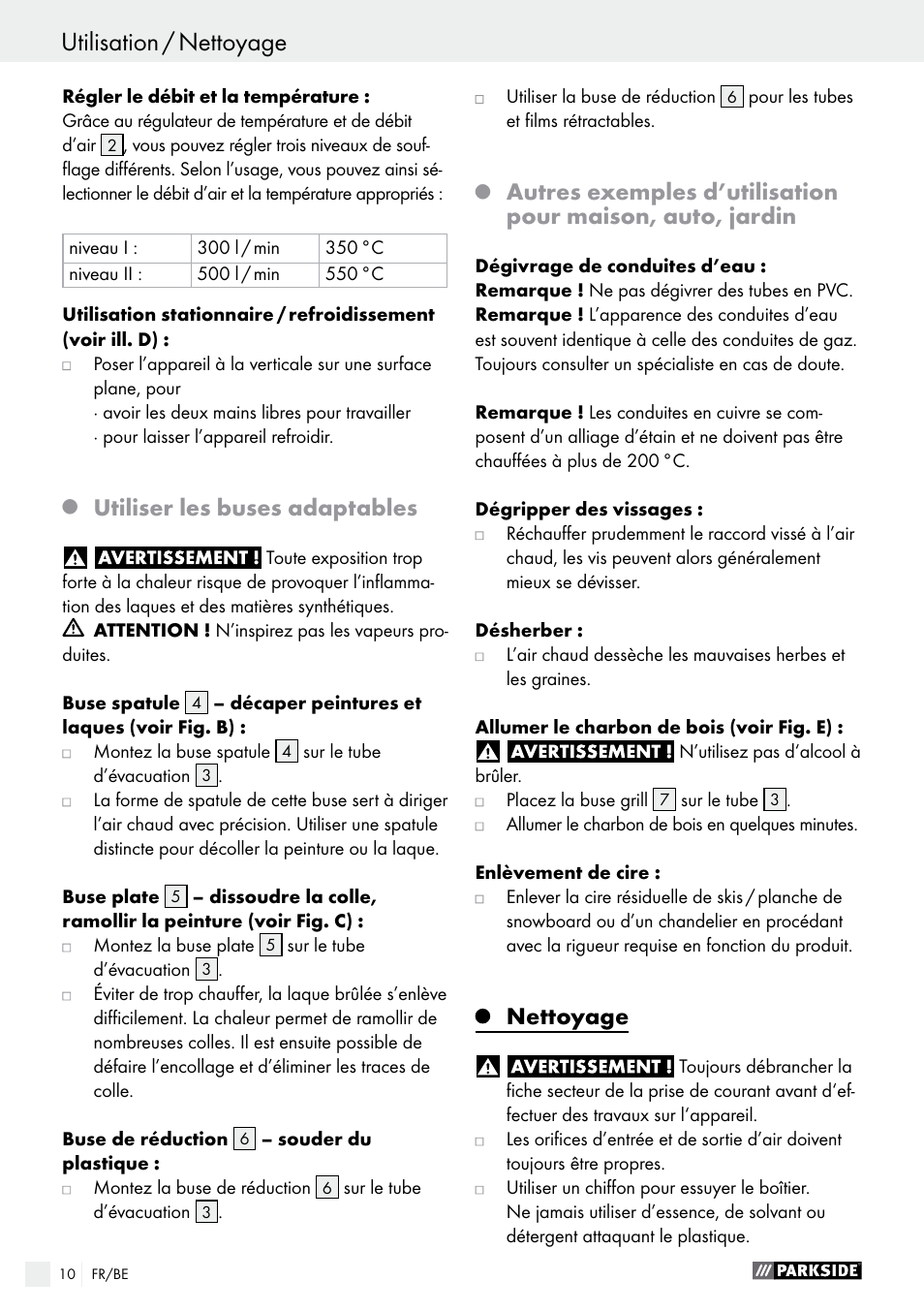Utiliser les buses adaptables, Nettoyage | Parkside PHLG 2000 B1 User Manual | Page 10 / 37