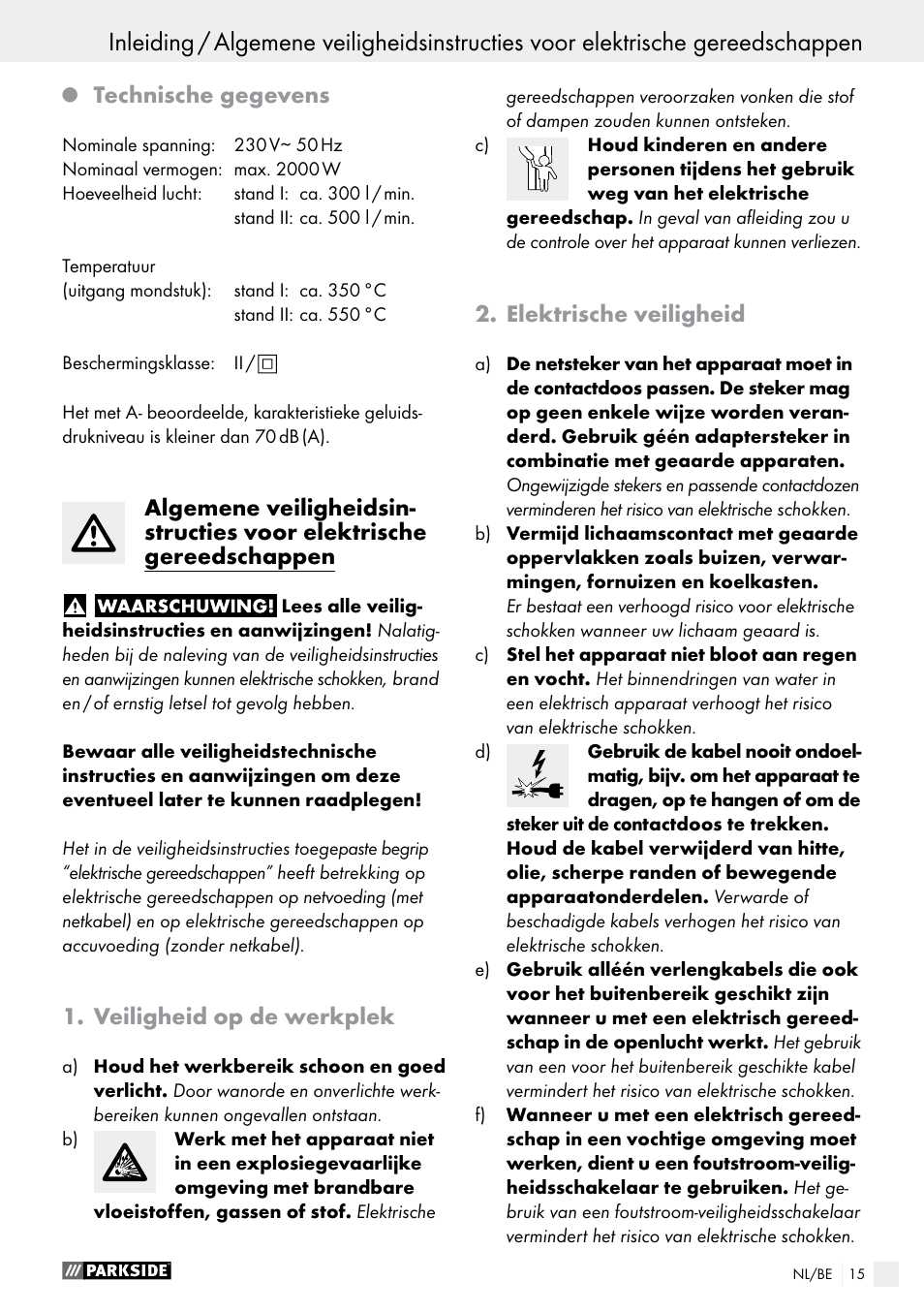 Technische gegevens, Veiligheid op de werkplek, Elektrische veiligheid | Parkside PHLG 2000 B1 User Manual | Page 15 / 37